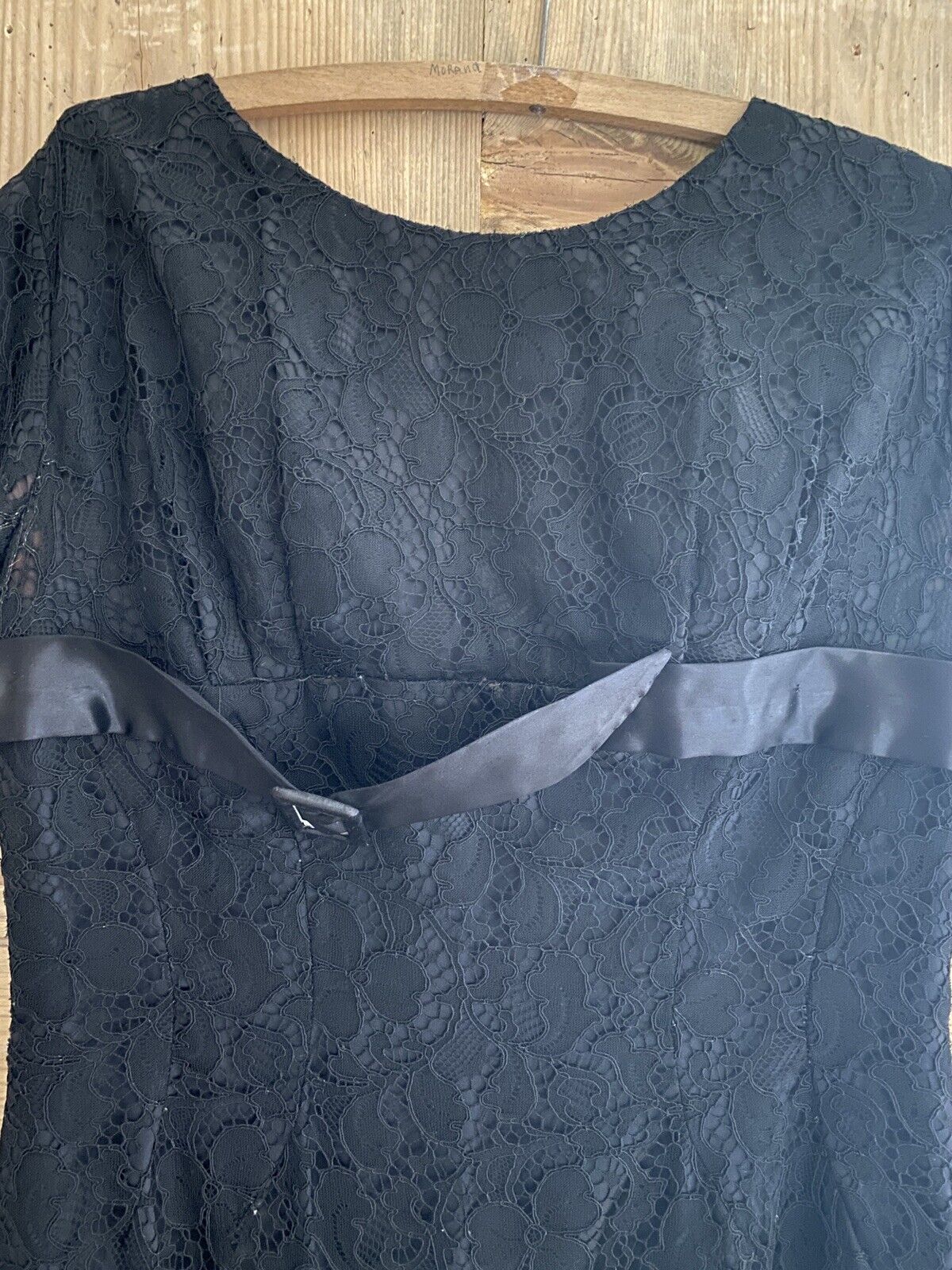 Vintage French BLACK BROCADE LACE belted DRESS c1960