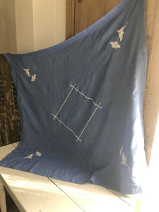 Vintage French china blue LINEN coffee TABLECLOTH ladder work application c1950