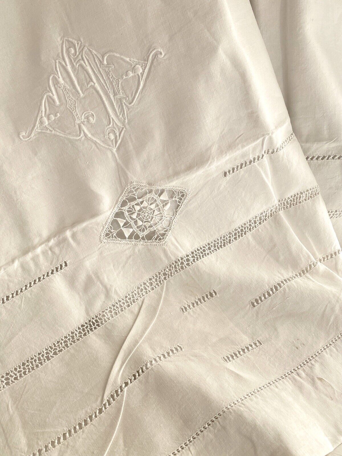 Art Deco French LINEN FIL TROUSSEAU sheet OPENWORKS MI mono c1930