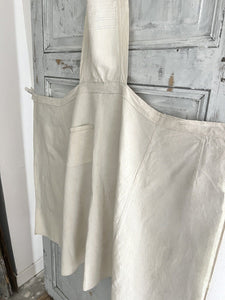 Antique French EMBROIDERED heavy linen cotton NATURAL WORK WEAR APRON c1920