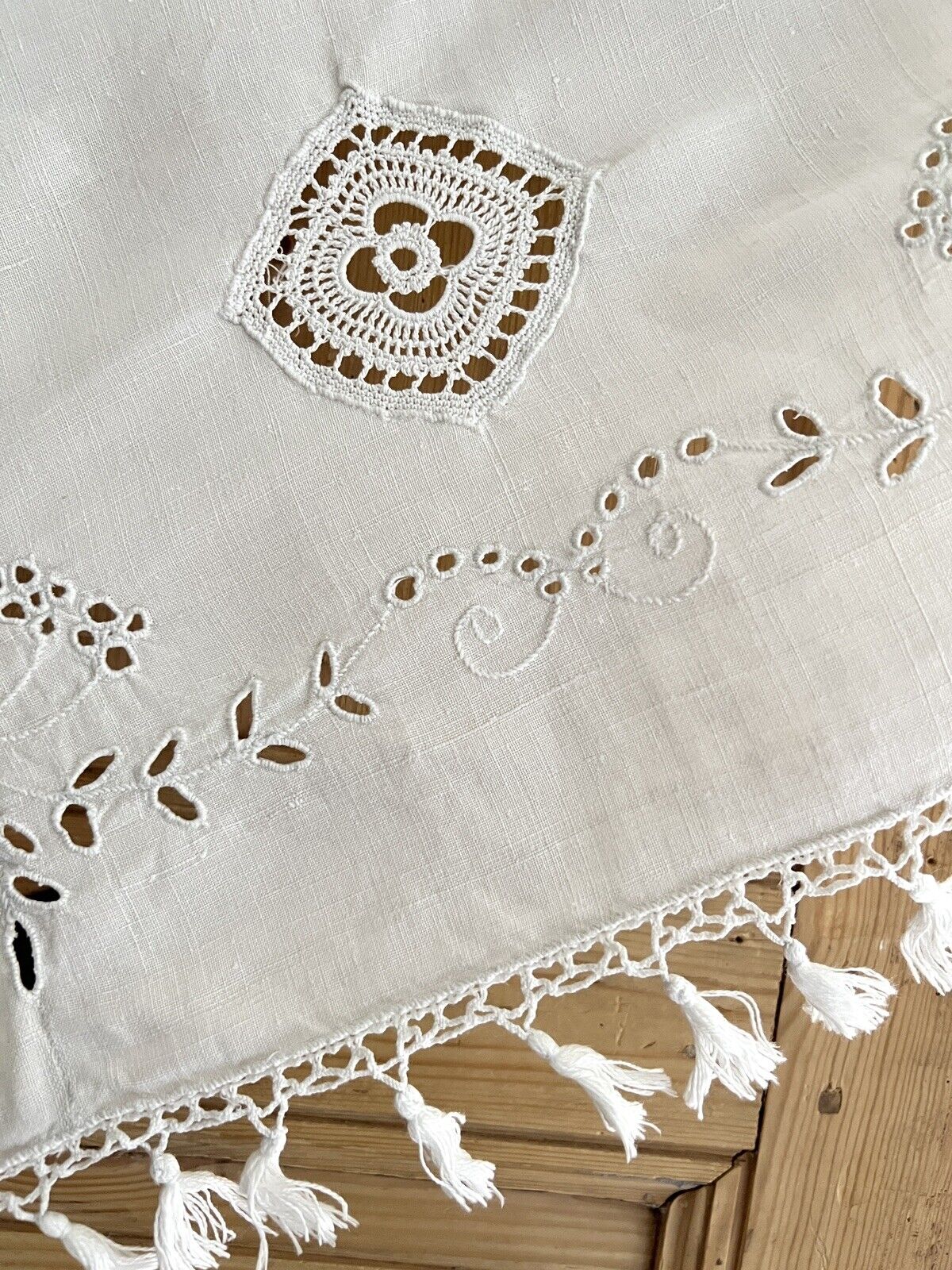 Antique French LONG linen embroidered VALANCE MANTELPIECE eyelet FRINGES c1900