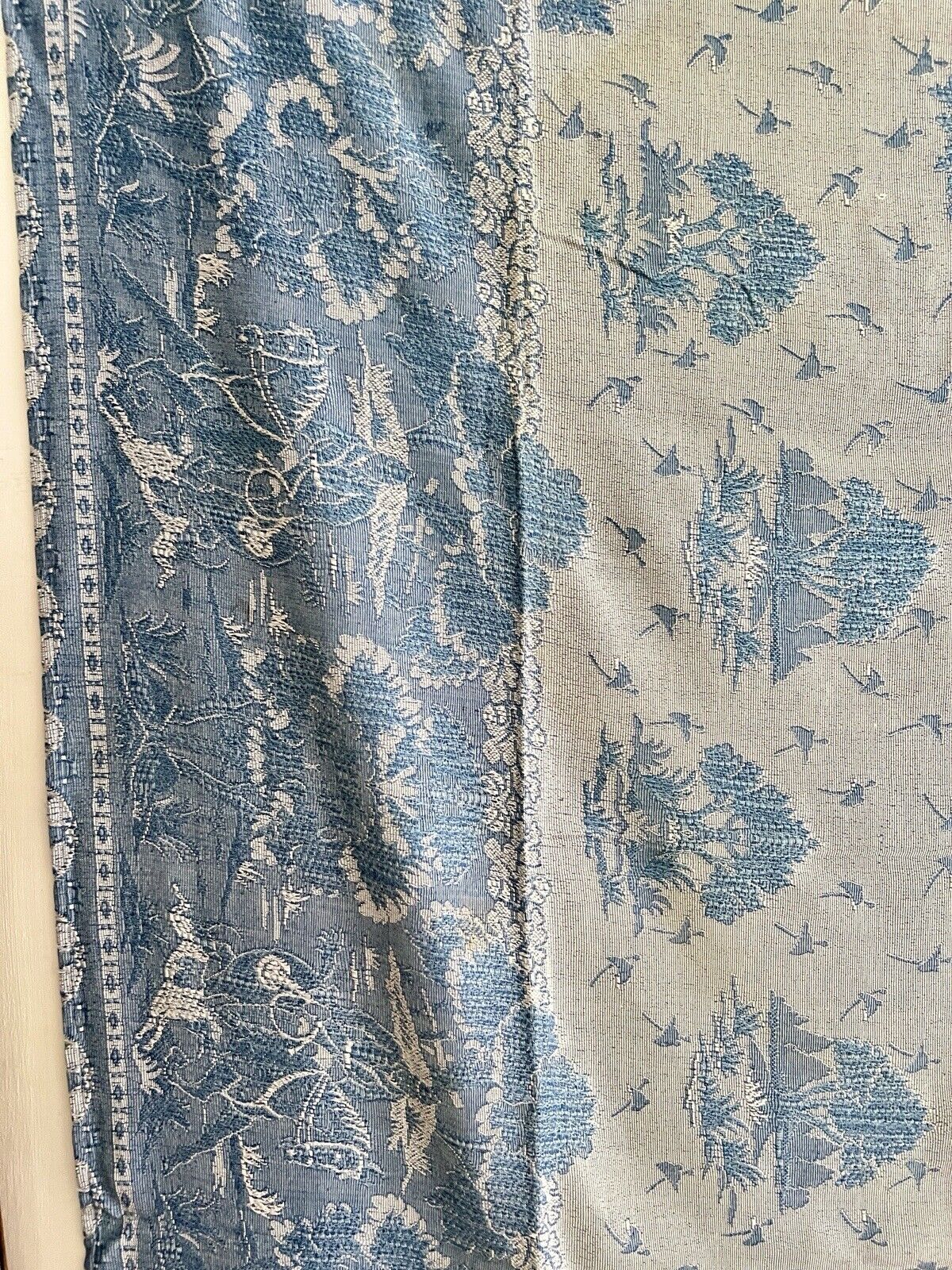 Vintage French BLUE DAMASK cotton BEDSPREAD CHINOISERIE c1930