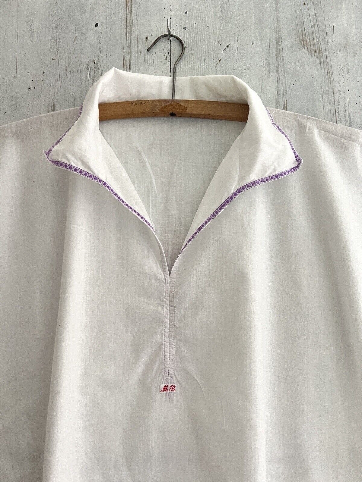 Vintage French MAN cotton gauze NIGHTSHIRT purple liseret 1930