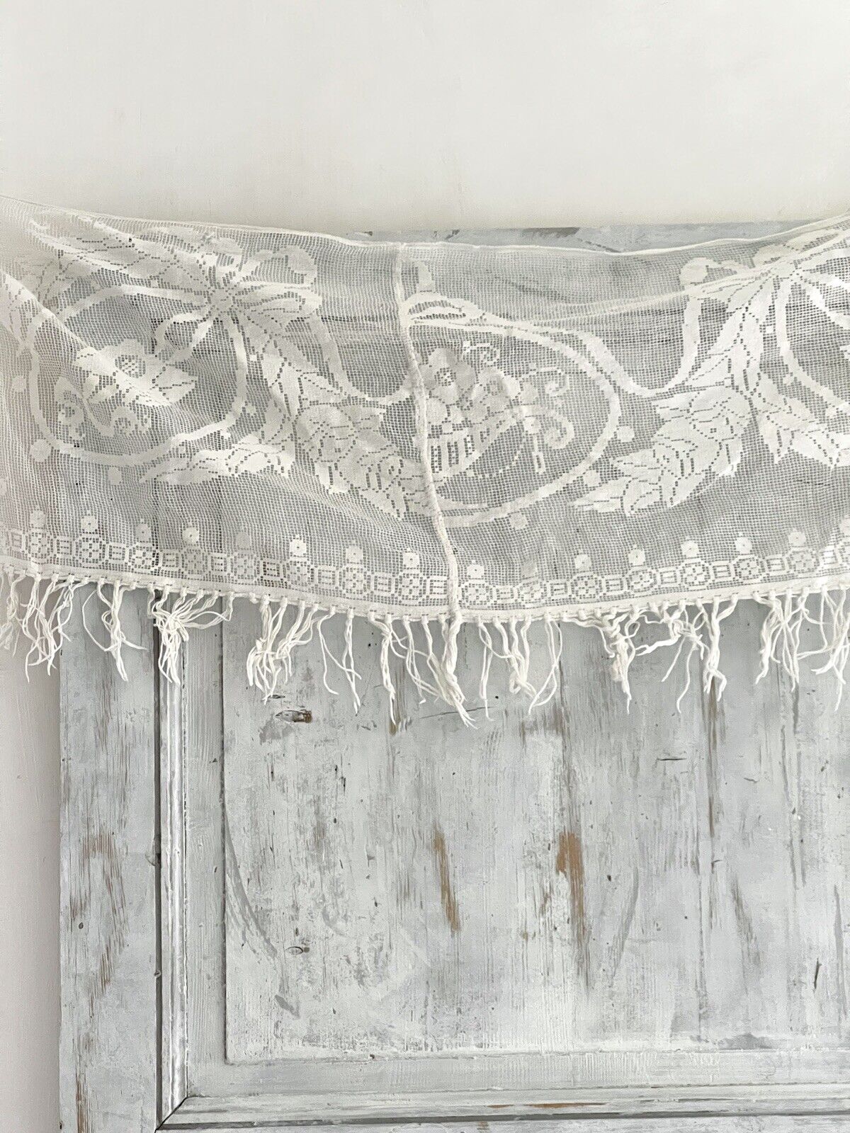 Vintage French floral MANTELPIECE COVER curtain cotton FILET LACE FRINGES c1930