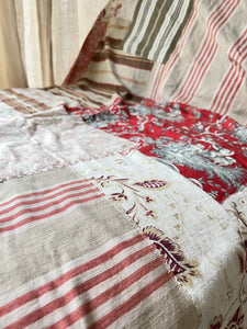 UPCYCLED French antique floral striped TEXTILE cotton PATCHWORK BEDSPREAD  c1900