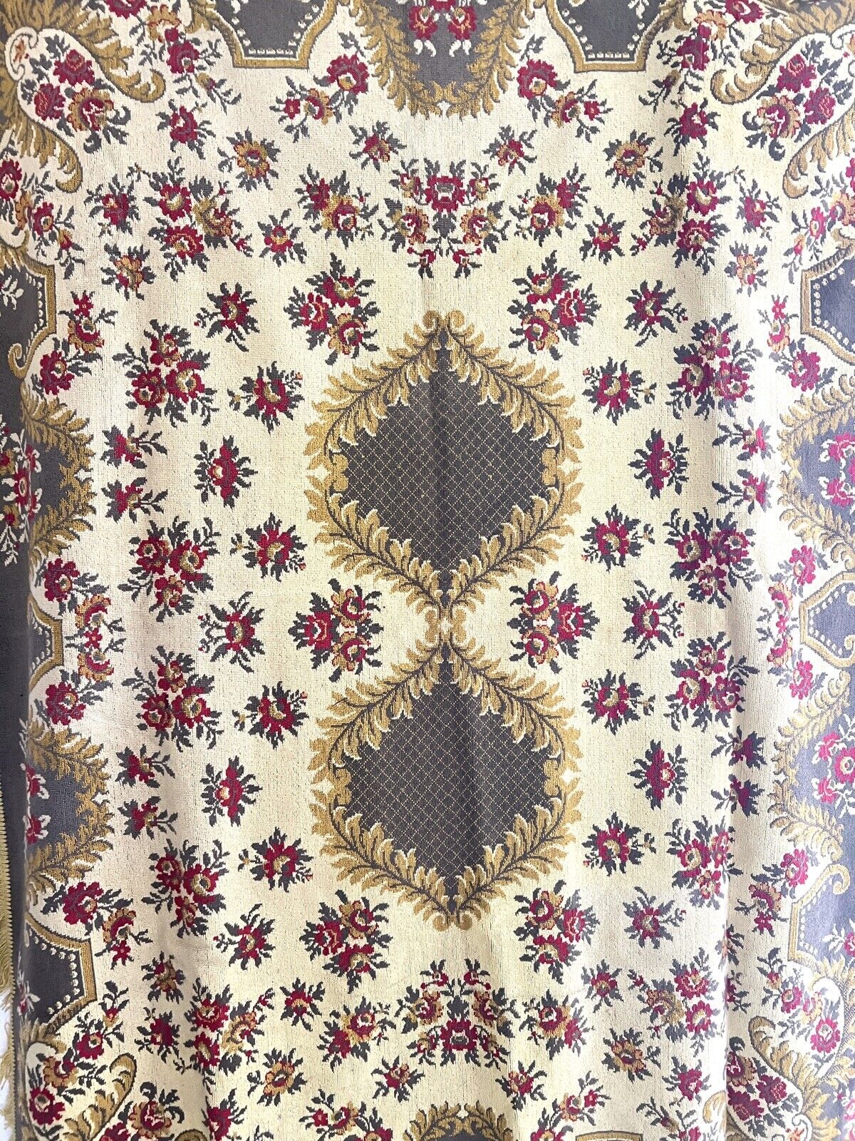 Vintage French FLORAL cotton PROVENCAL GOLD tablecloth wall hanging FRINGE c1950