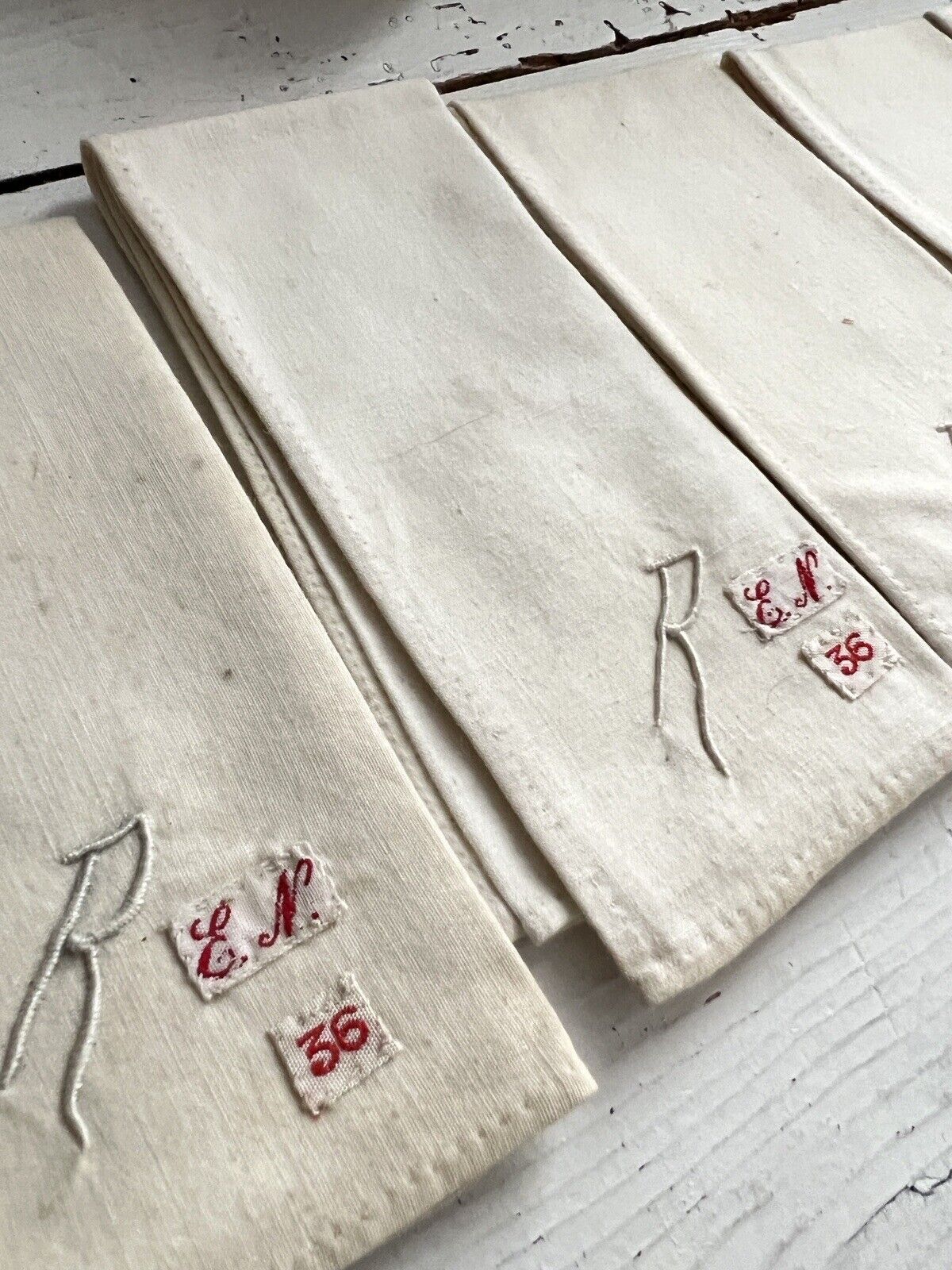 Set of 6 antique French  LINEN COTTON blend HANDKERCHIEF R mono c1900