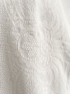 Antique French damask COTTON PIQUE DE PROVENCE bed COVERLET FRINGES c1930