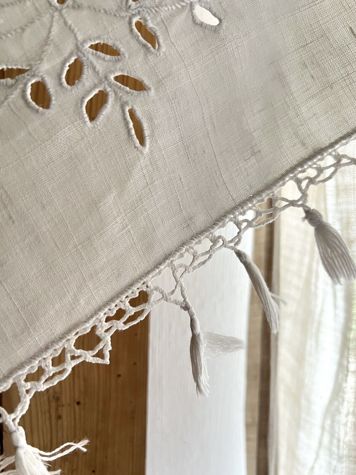 Antique French LONG linen embroidered VALANCE MANTELPIECE eyelet FRINGES c1900