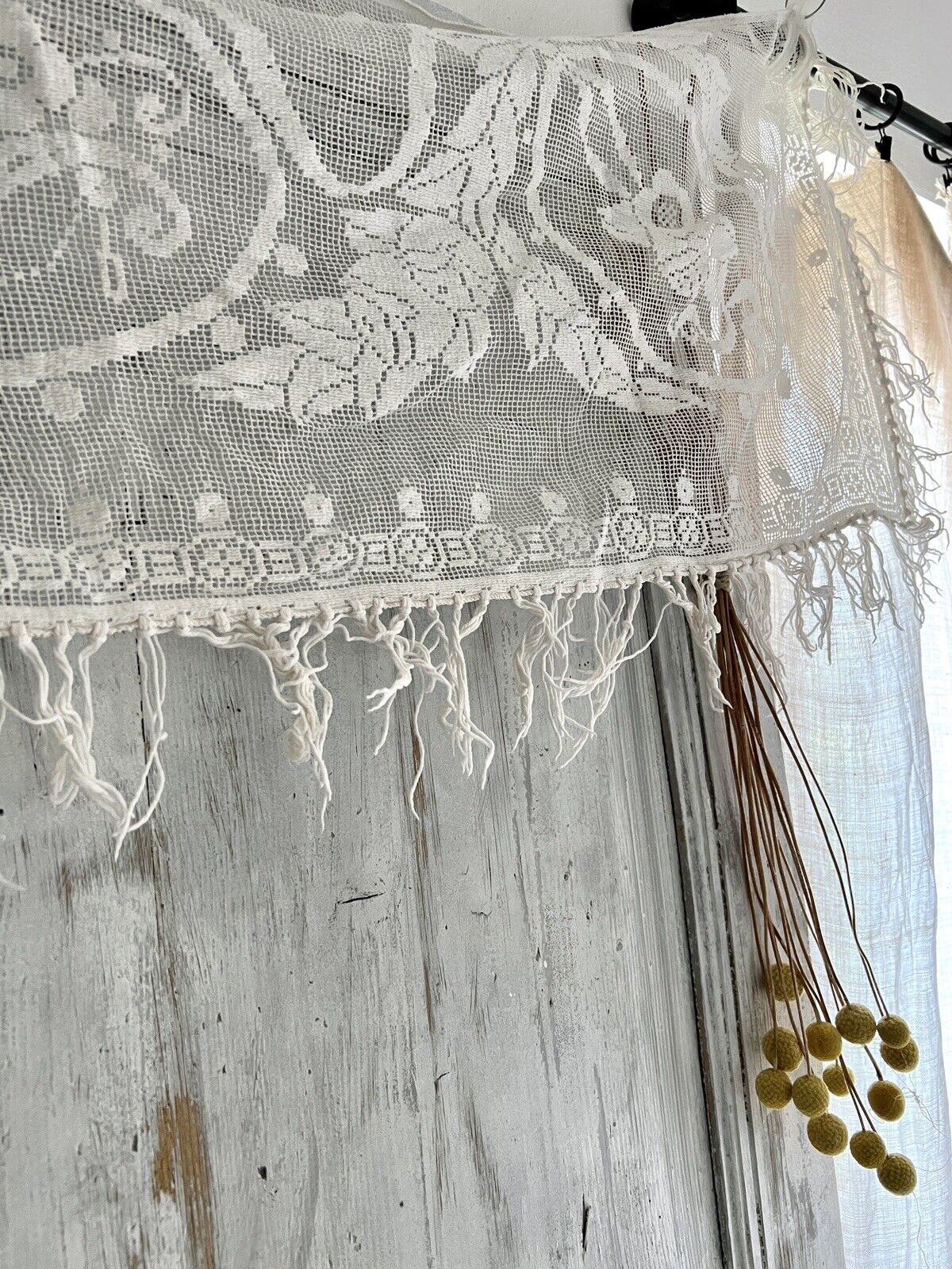 Vintage French floral MANTELPIECE COVER curtain cotton FILET LACE FRINGES c1930