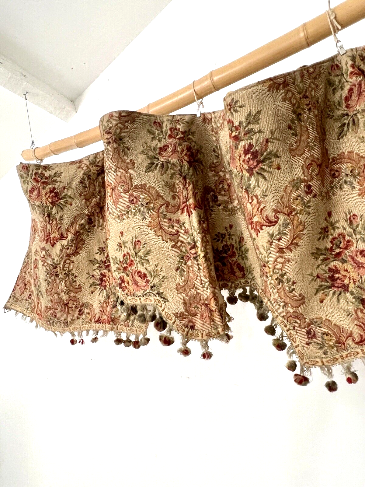 Antique French PAIR floral DAMASK VALANCE braid POMPOMS roses DECOR padded c1850