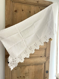 Antique French linen embroidered VALANCE MANTELPIECE FESTONS eyelet c1900