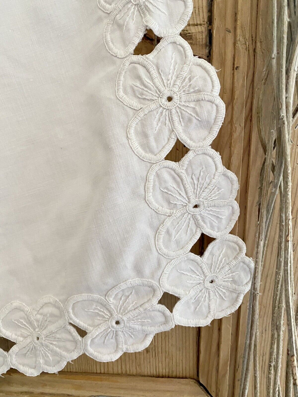 Vintage French MANTELPIECE COVER linen cotton curtain SHELF COVER lace c1930