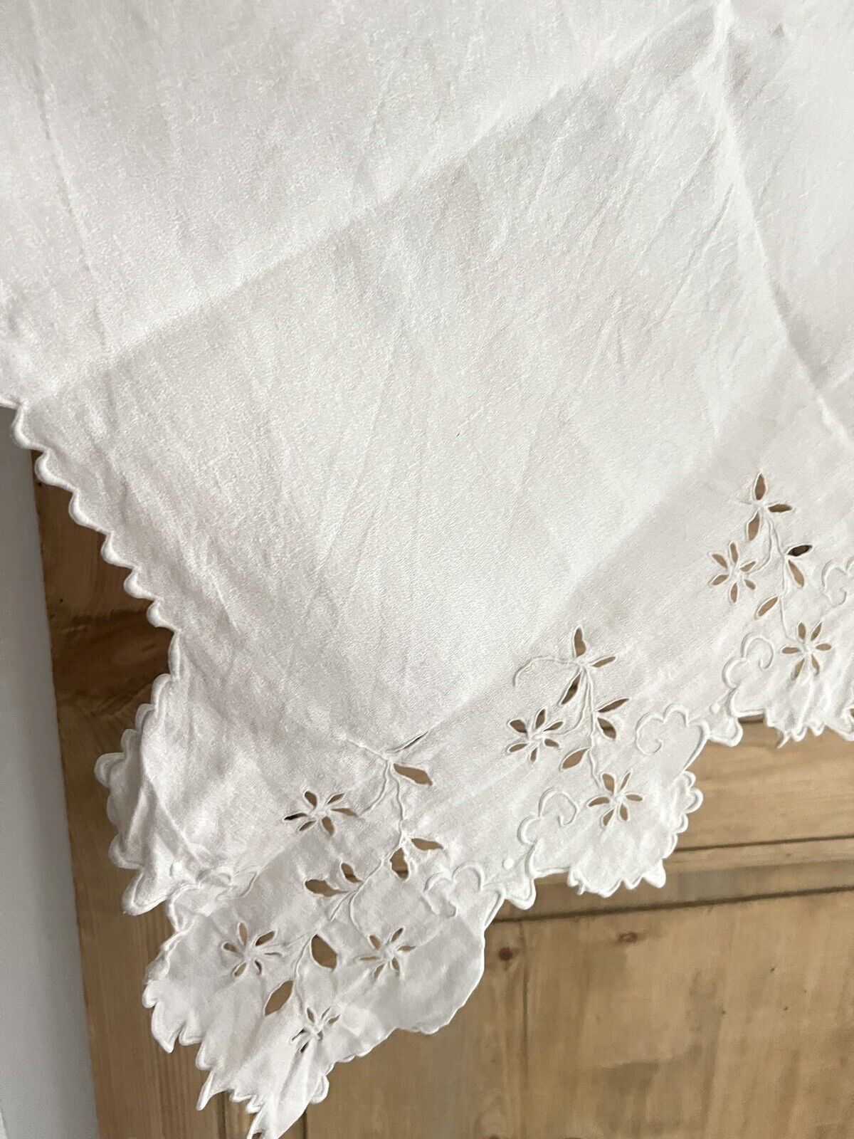 Antique French linen embroidered VALANCE MANTELPIECE FESTONS eyelet c1900