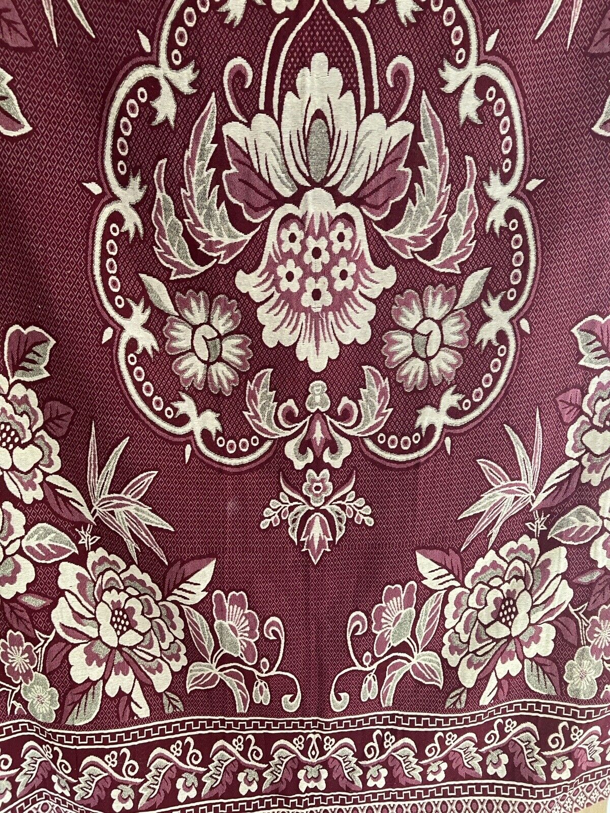 Vintage French FLORAL BURGUNDY BOTEH DAMASK wool BEDSPREAD fringes c1930