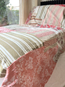 UPCYCLED French antique floral striped TEXTILE cotton PATCHWORK BEDSPREAD  c1900