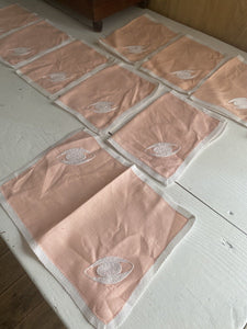 Set 10 vintage French LINEN TEA NAPKINS embroideries PALE PINK shabby chic c1950