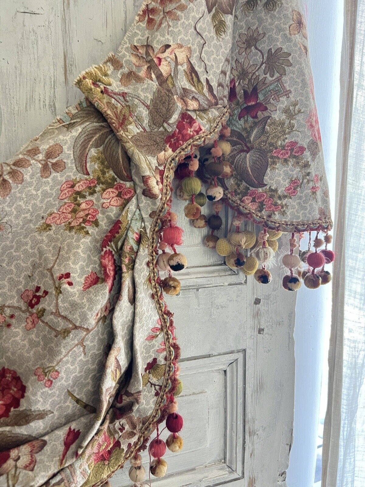 Antique French FLORAL cotton VALANCE mantel CHINOISERIE pompoms c1900