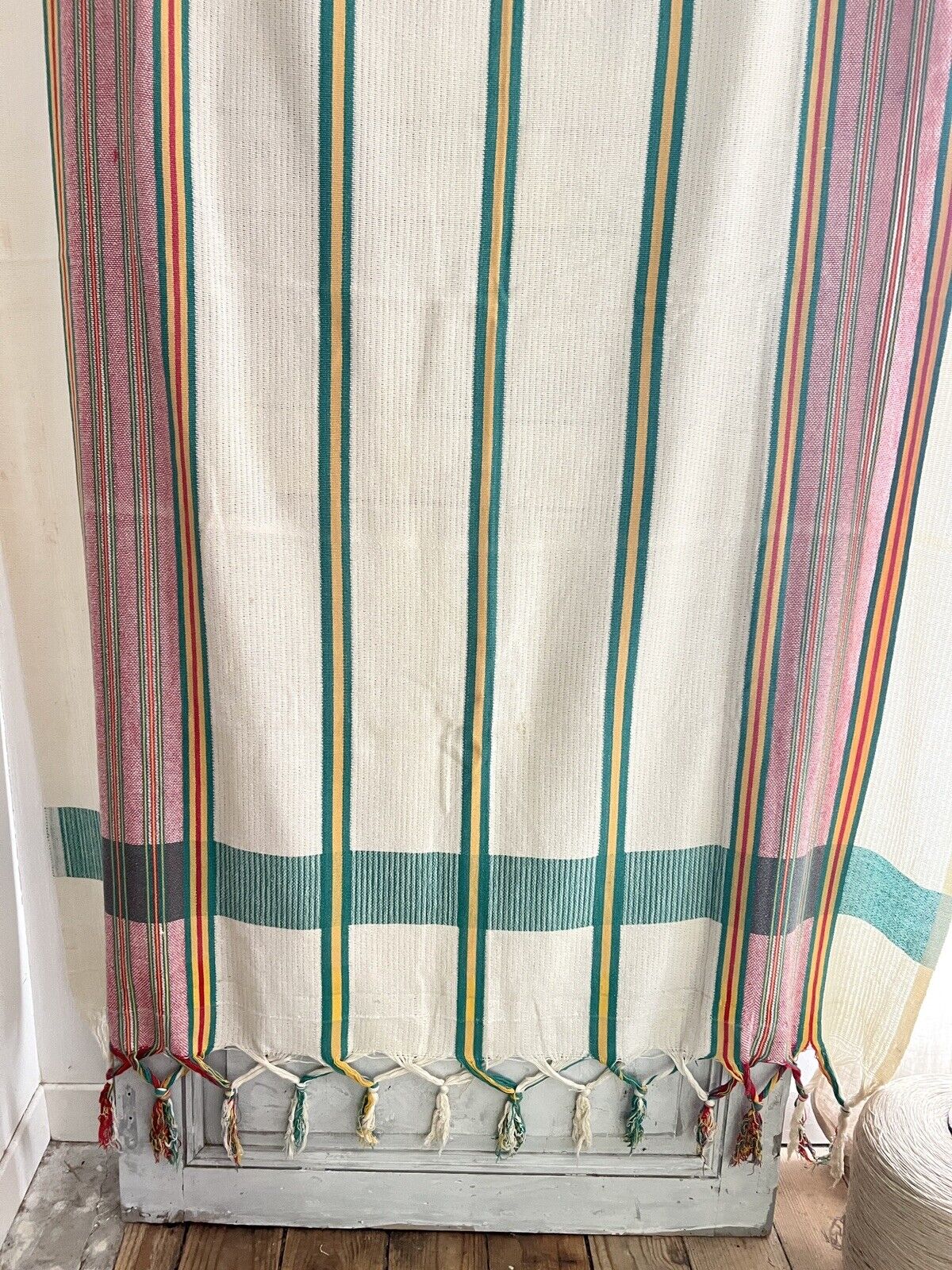 Vintage French Provencal long cotton STRIPED DOOR CURTAIN fringes c1950