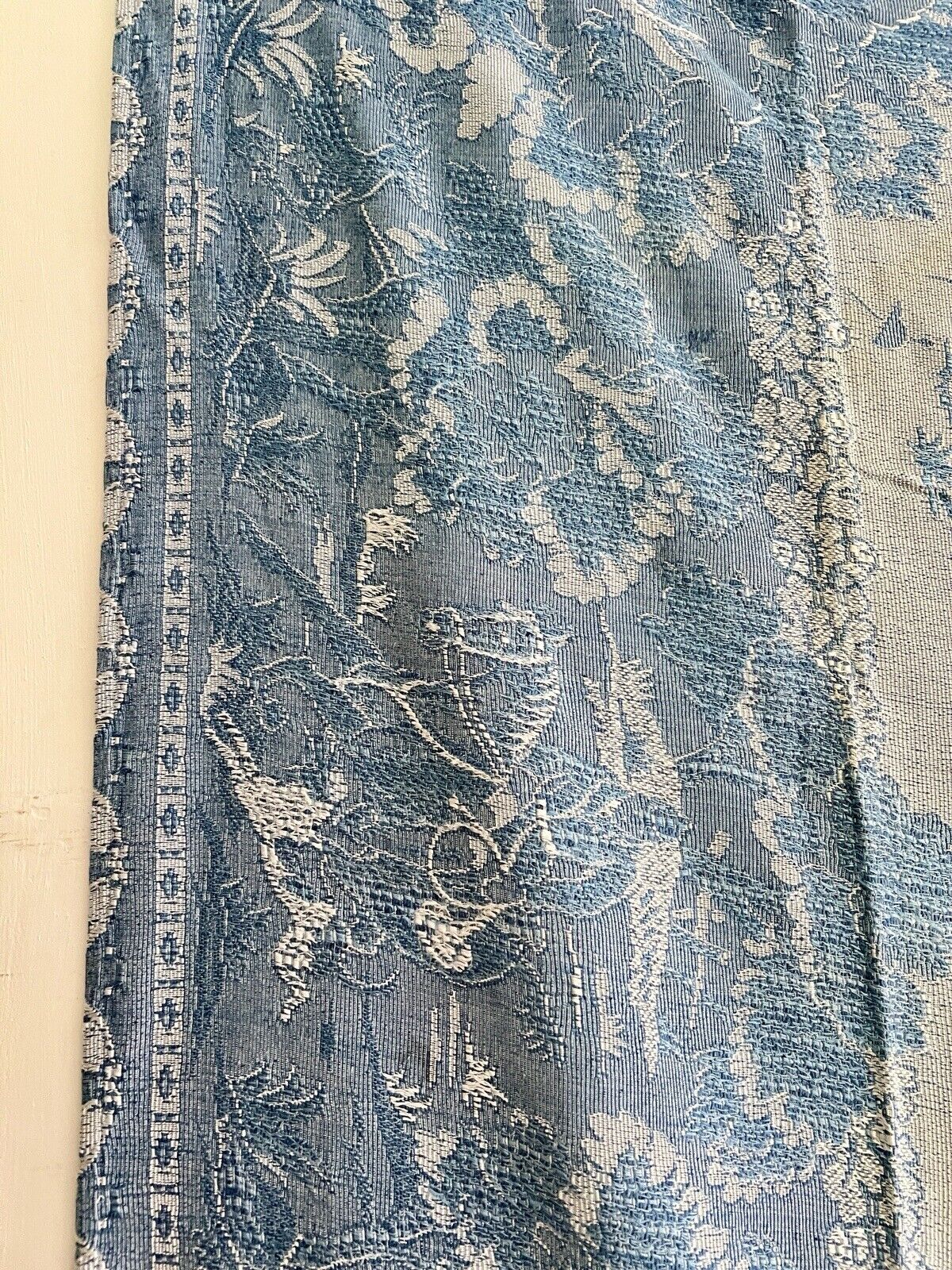 Vintage French BLUE DAMASK cotton BEDSPREAD CHINOISERIE c1930