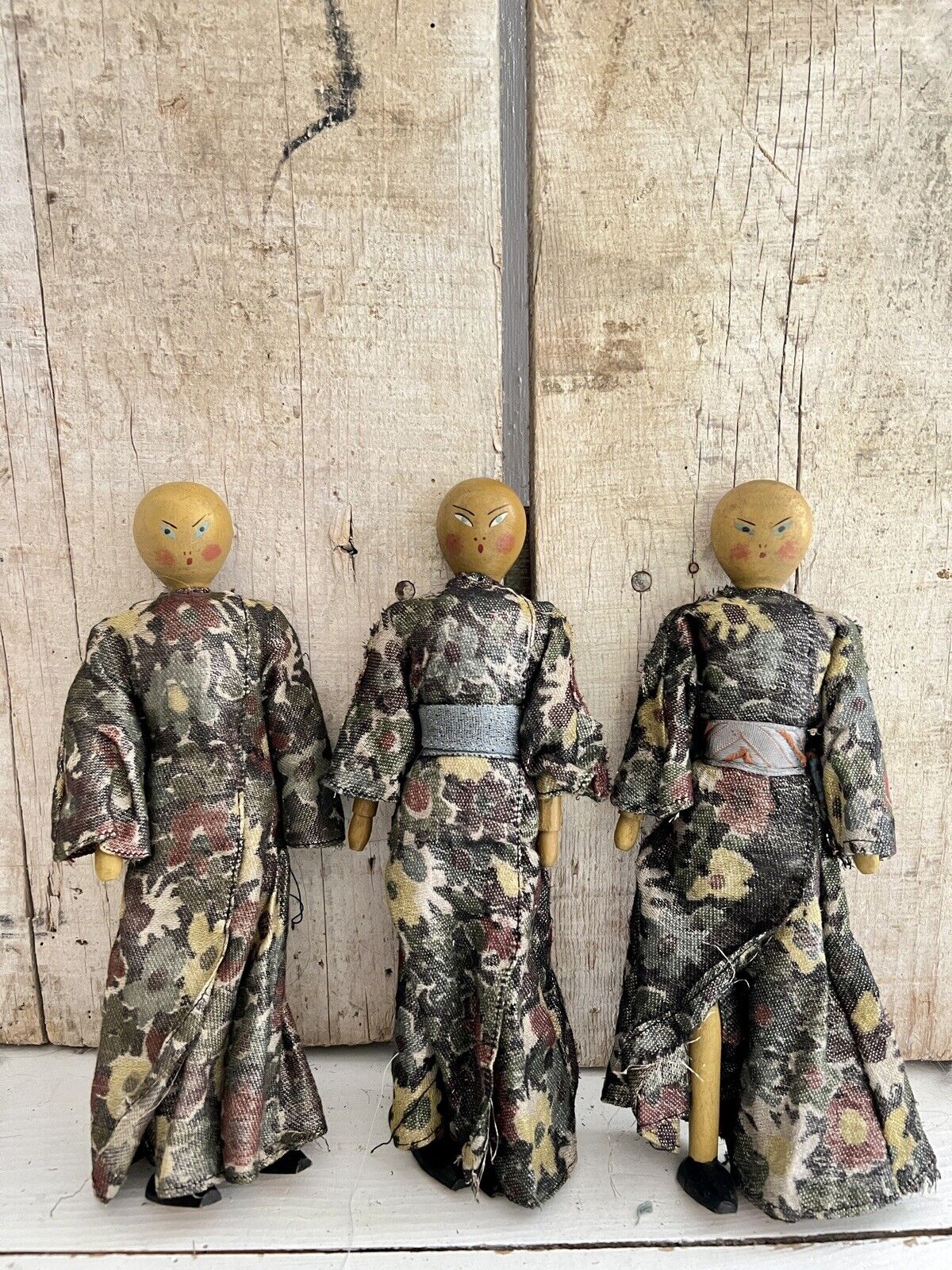 Art Deco French 3 PROMOTIONAL wood Japanese DOLLS silk traditionnal outfit c1930