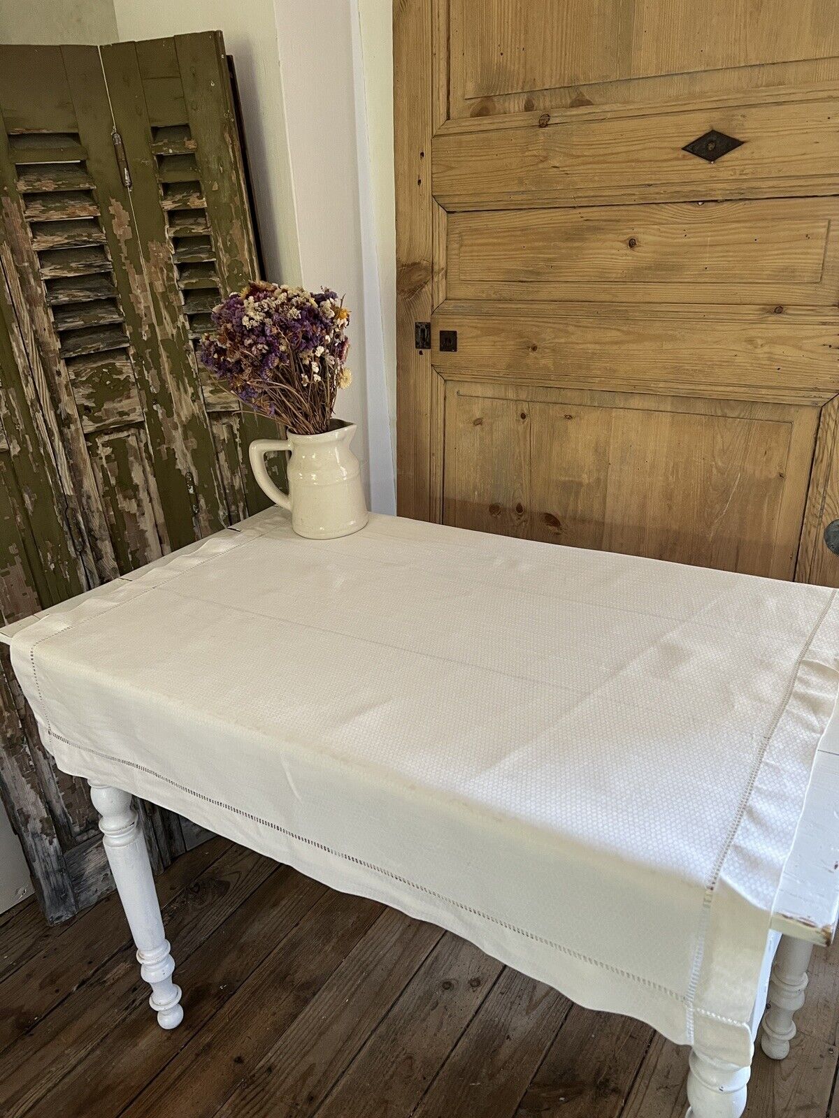 Vintage French RICHELIEU EMBROIDERIES LINEN coffee TABLECLOTH c1930