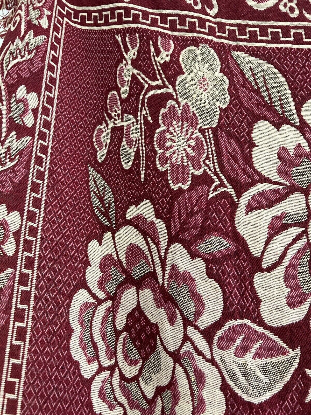 Vintage French FLORAL BURGUNDY BOTEH DAMASK wool BEDSPREAD fringes c1930