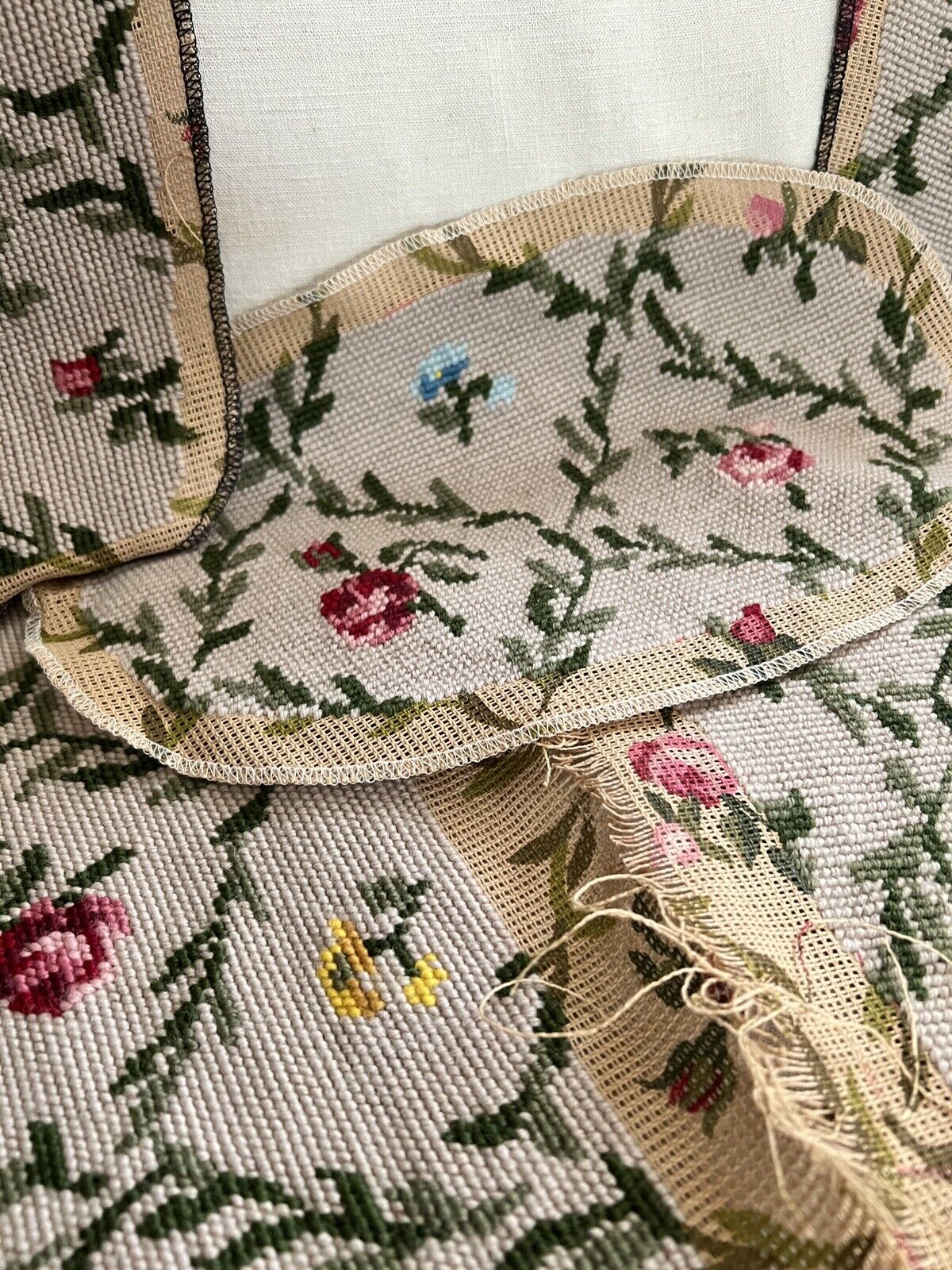 Vintage French PAIR TAPESTRY cotton chair covers floral bouquets c1950