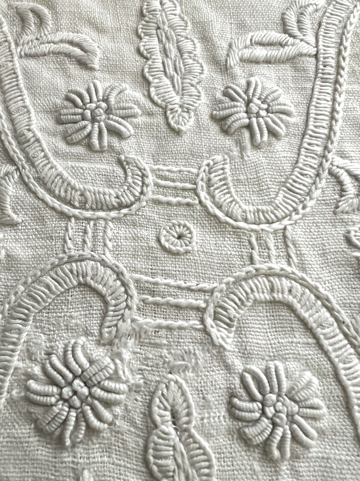 Antique French EMBROIDERED linen LINGERIE BAG crochet trim c1920