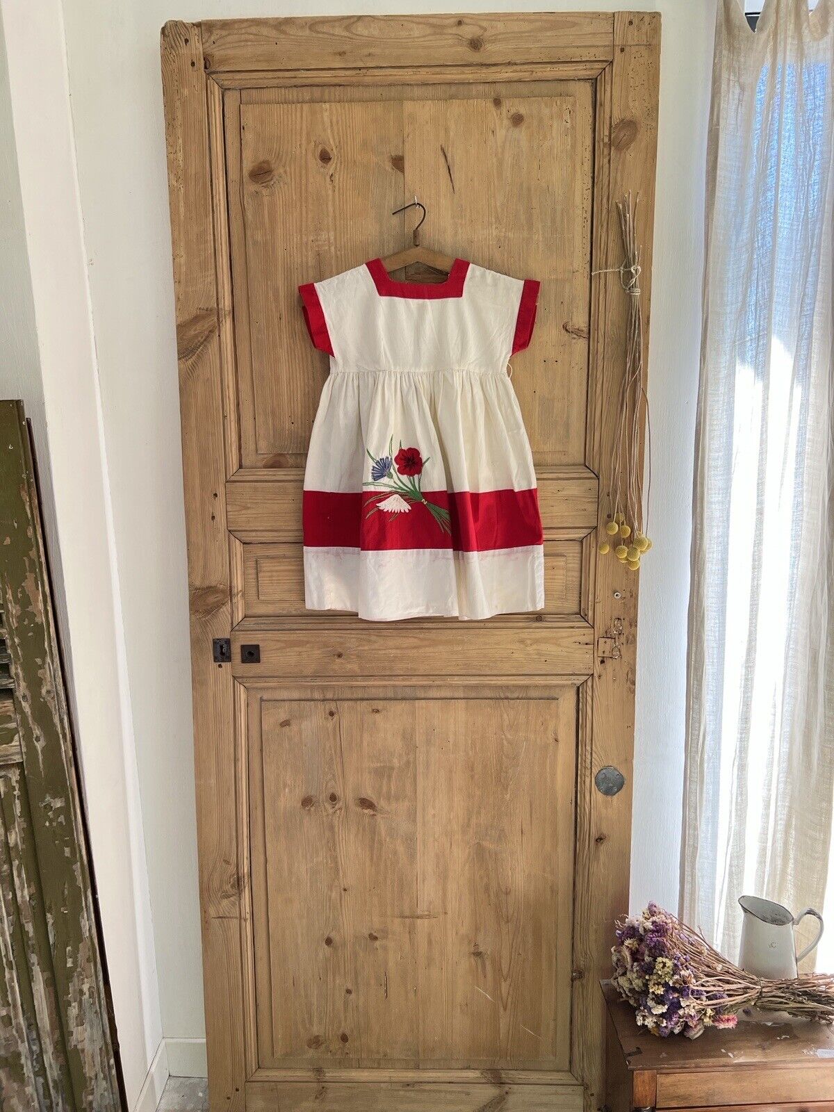 Vintage French COTTON child DRESS FLORAL embroidered TWO TONES c1950