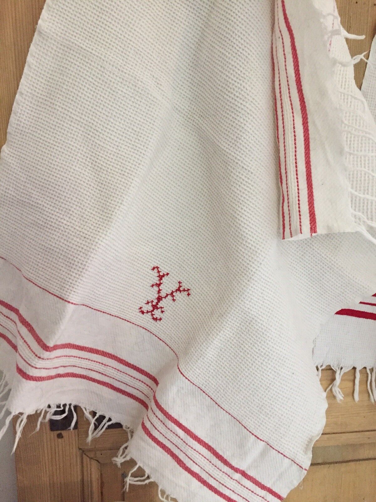 Pair Antique French GUEST TOWELS cotton nid d’abeille c1900