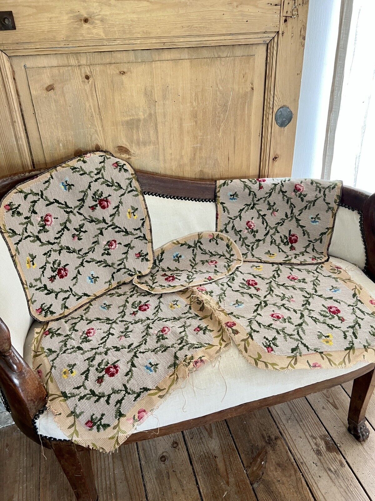 Vintage French PAIR TAPESTRY cotton chair covers floral bouquets c1950