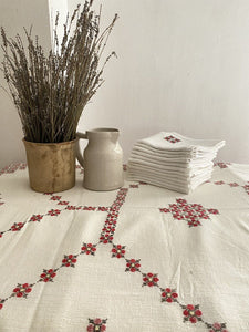 SET EMBROIDERED heavy RUSTIC country LINEN TABLECLOTH 12 NAPKINS c1930