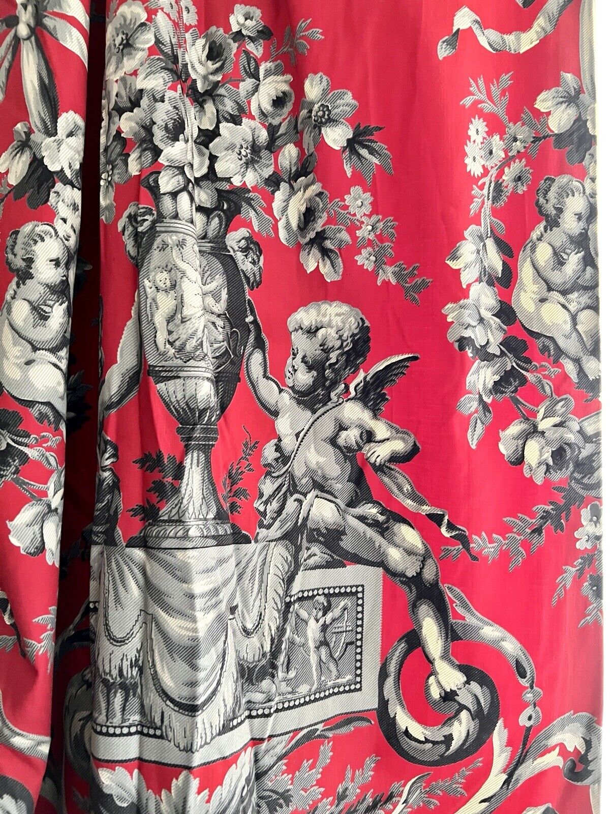 PAIR vintage French classic RED CHERUBS satin cotton CURTAINS BACKED c1950