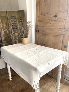 Vintage French EMBROIDERED LINEN coffee TABLECLOTH c1950