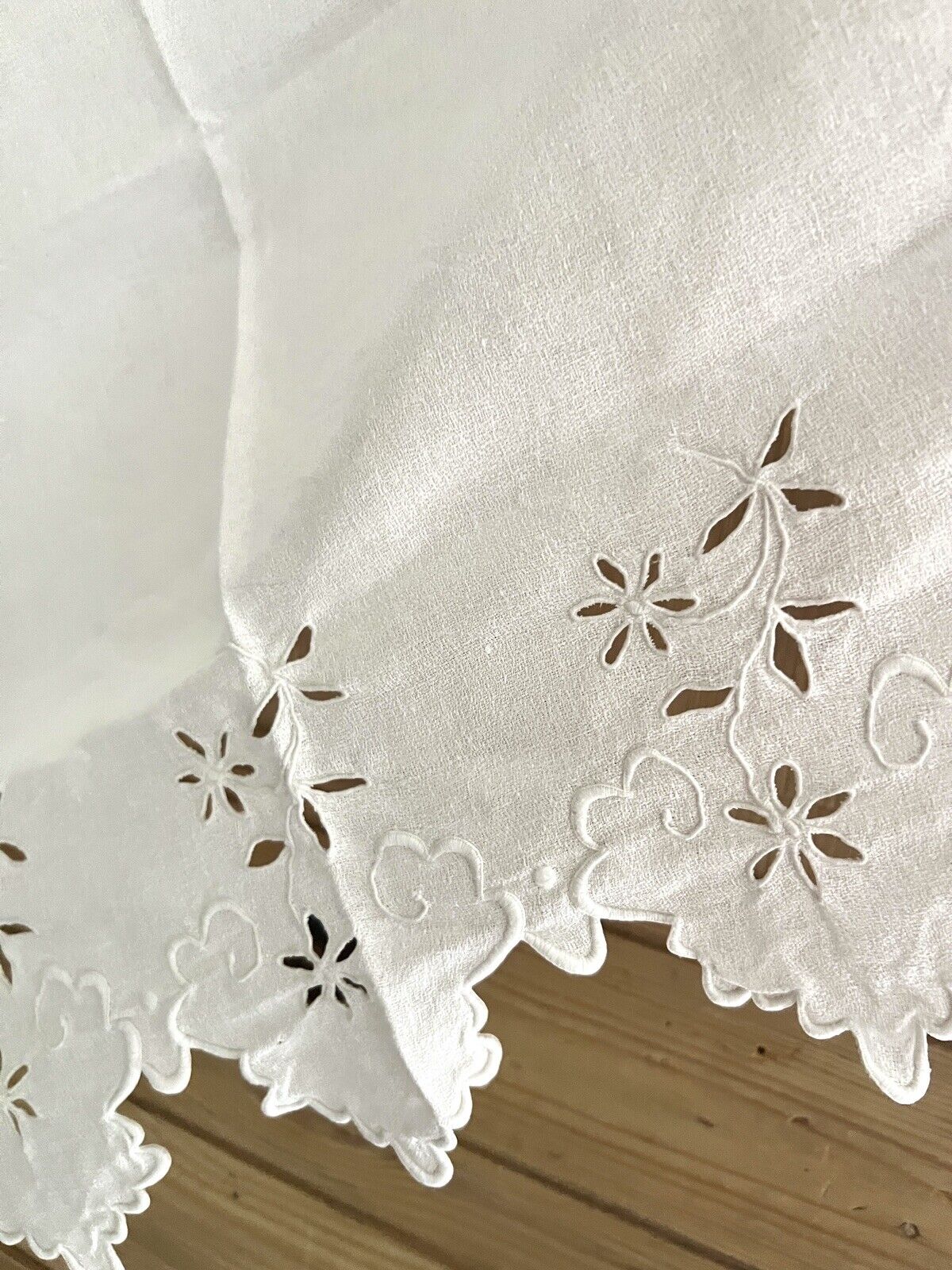 Antique French linen embroidered VALANCE MANTELPIECE FESTONS eyelet c1900