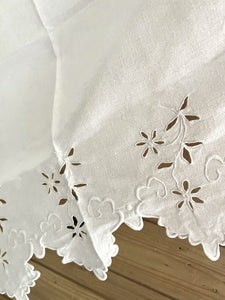 Antique French linen embroidered VALANCE MANTELPIECE FESTONS eyelet c1900