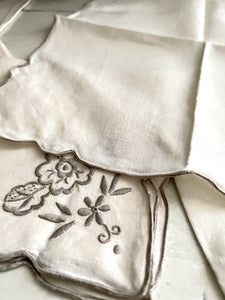 SET 6 vintage French LINEN TEA NAPKINS  gray FLORAL embroideries c1950