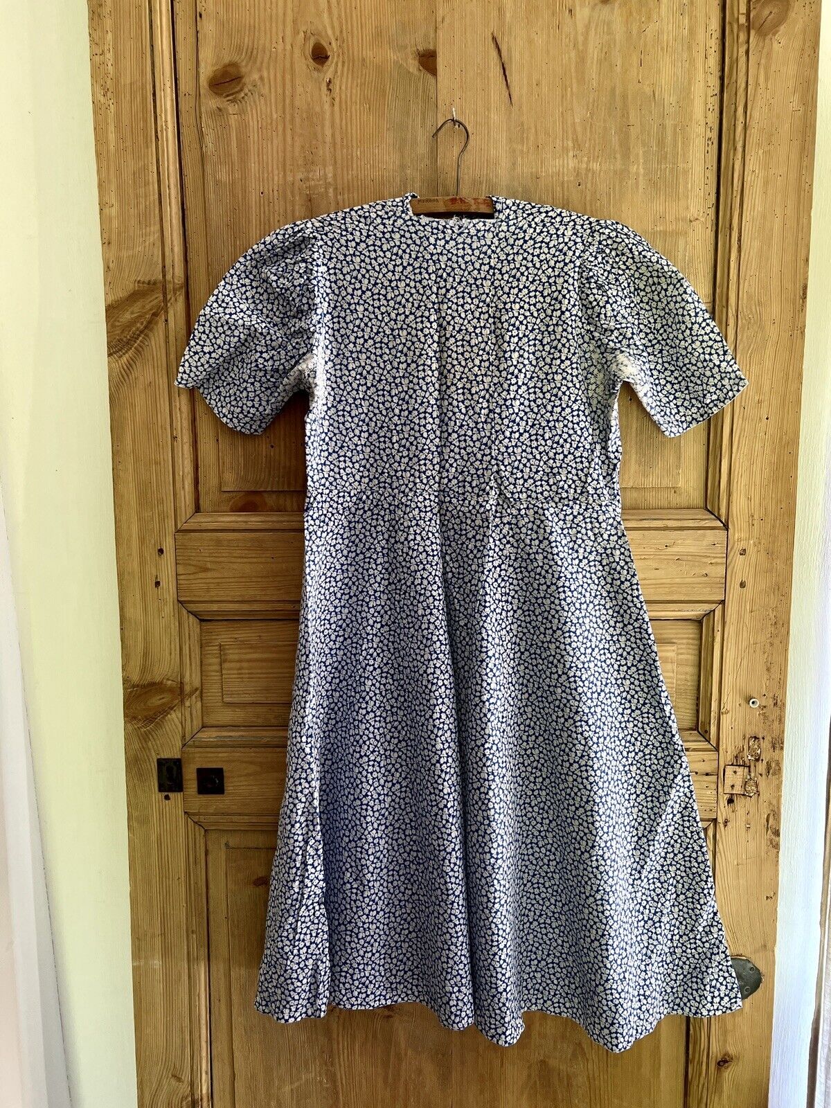 Vintage French cotton FLORAL BLUE DRESS mended c1950