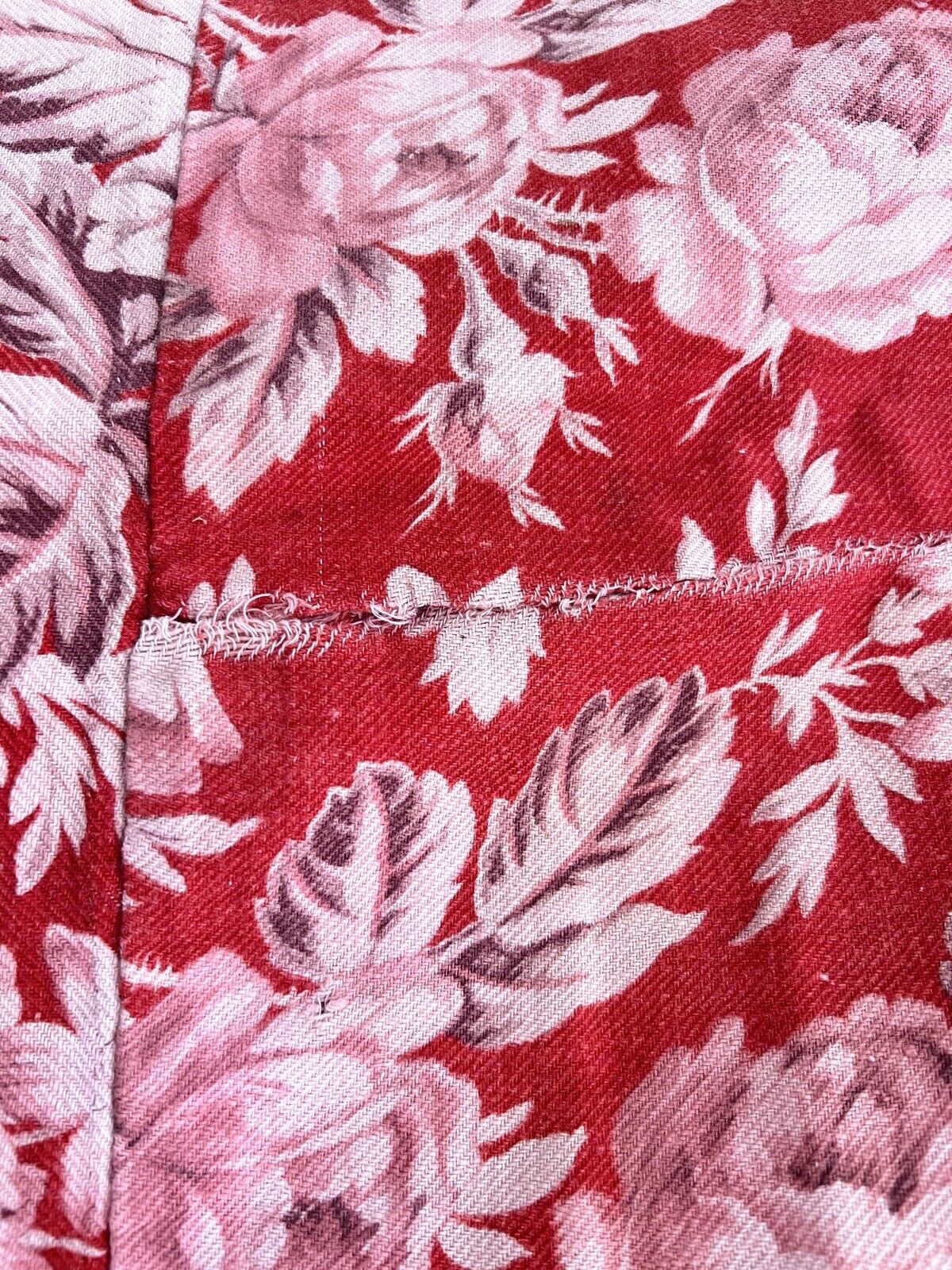 Antique French LARGE red pink FLORAL panel CURTAIN mended c1880