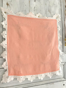 Antique French pink EMBROIDERED eyelet linen PILLOW SHAM FESTONS RC mono c1920