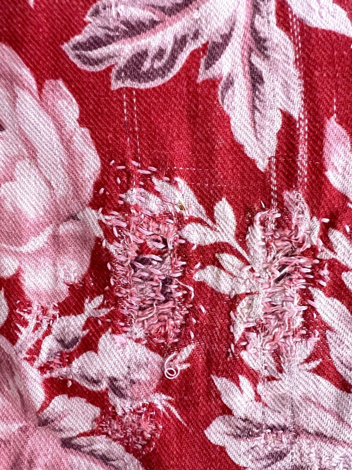 Antique French LARGE red pink FLORAL panel CURTAIN mended c1880