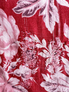 Antique French LARGE red pink FLORAL panel CURTAIN mended c1880