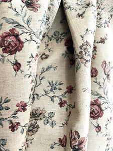 Vintage French HEAVY BOTANIC JACQUARD linen fabric ROSES panel UPHOLSTERY c1940