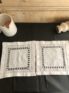 Pair of vintage French LINEN TEA NAPKINS doily mats FILET LACE PB mono c1930