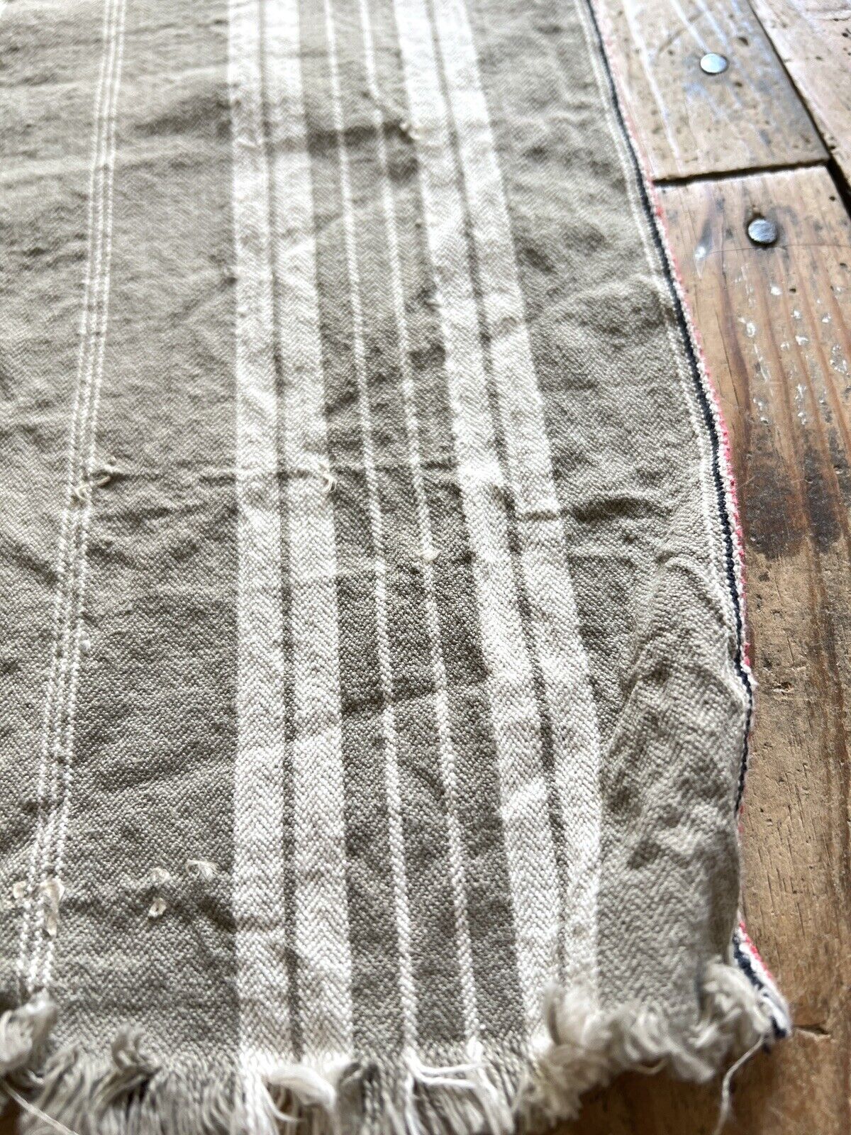 Antique French LONG khaki LINEN TICKING fabric UPHOLSTERY c1900