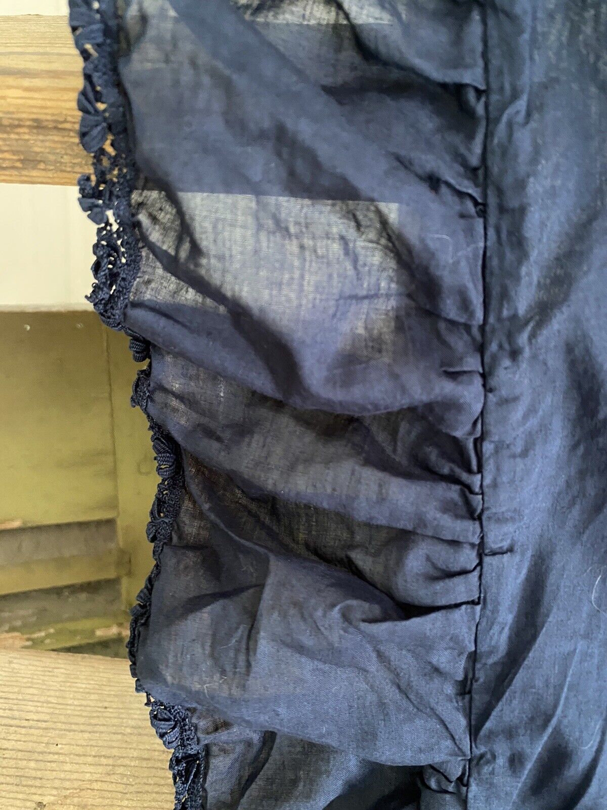 Antique French INDIGO dyed DUVET COVER LACE ENTRE DEUX cotton RUFFLES c1900