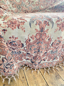 Antique French PALE PINK BLUE PAISLEY boteh TAPESTRY indiennes FRINGES c1930