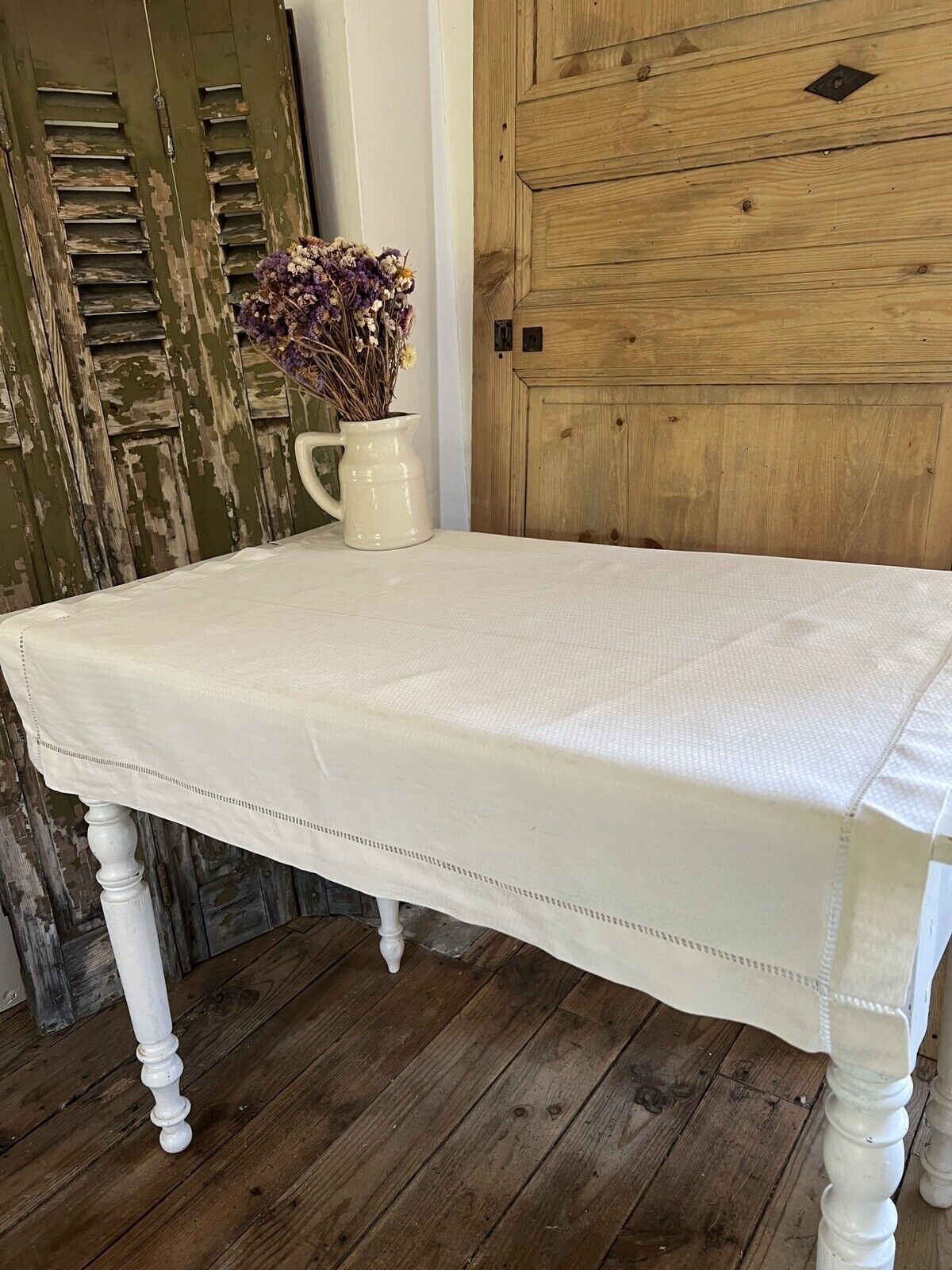 Vintage French RICHELIEU EMBROIDERIES LINEN coffee TABLECLOTH c1930