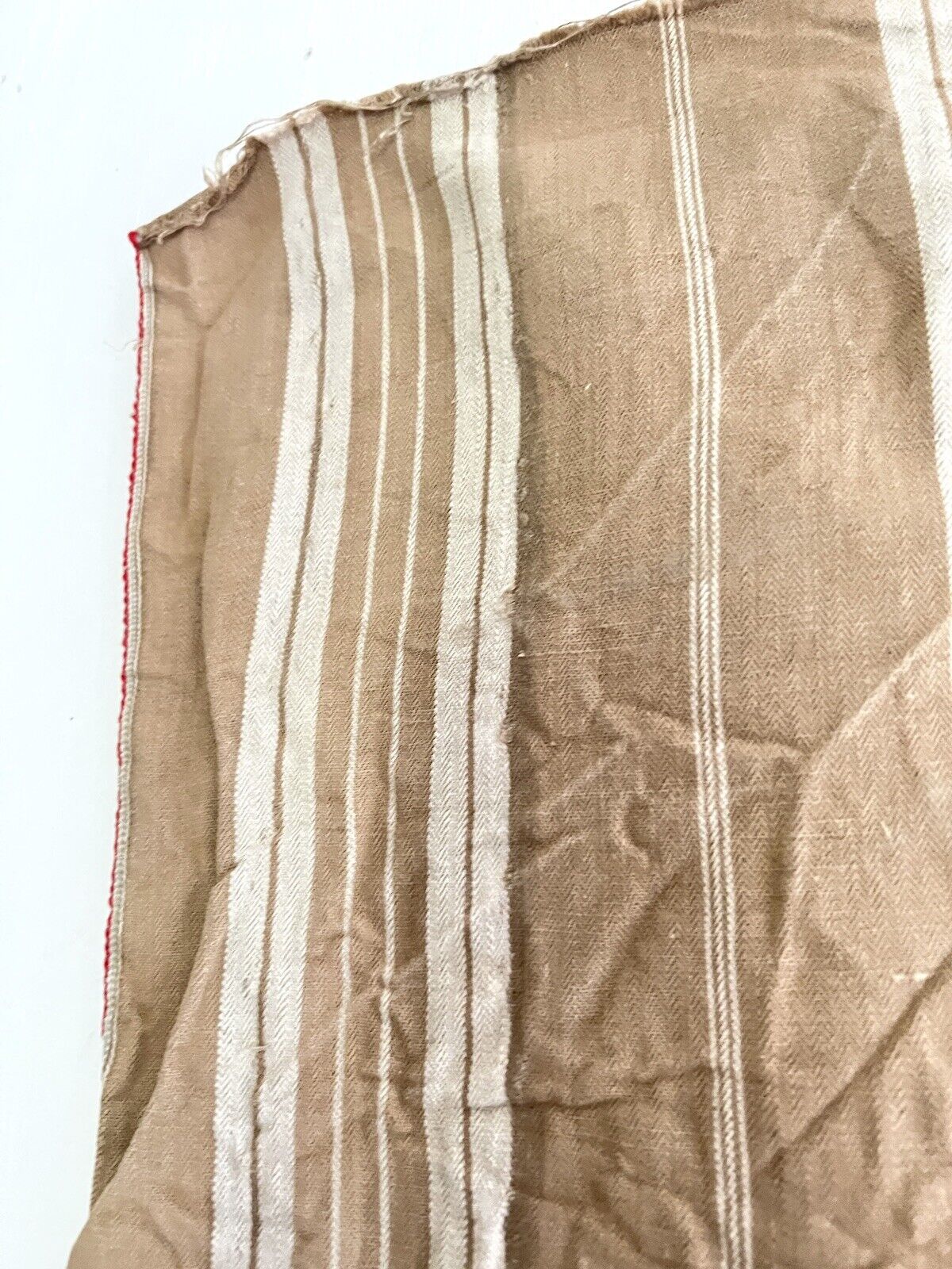 Antique WIDE French TICKING LINEN copper tones UPHOLSTERY c1900